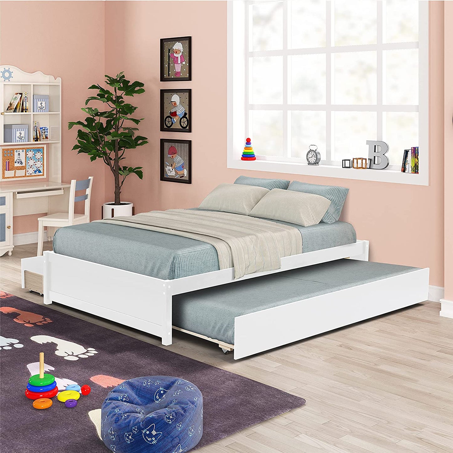 Full Bed with Trundle and 2 Drawers, Wood Full Size Platform Bed Frame Space-Saving Full Size Bed for Boys, Girls, Kids, Teens and Adults (Full, White)