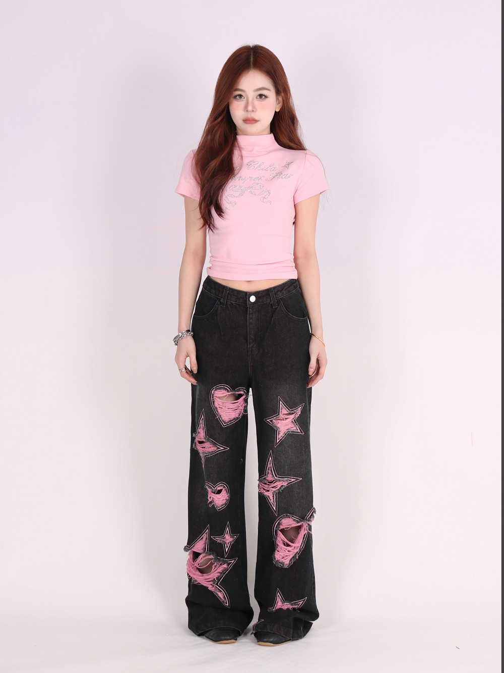 Retro Tattered Jeans Pants Love Wide Leg Jeans - Prime Warehouse