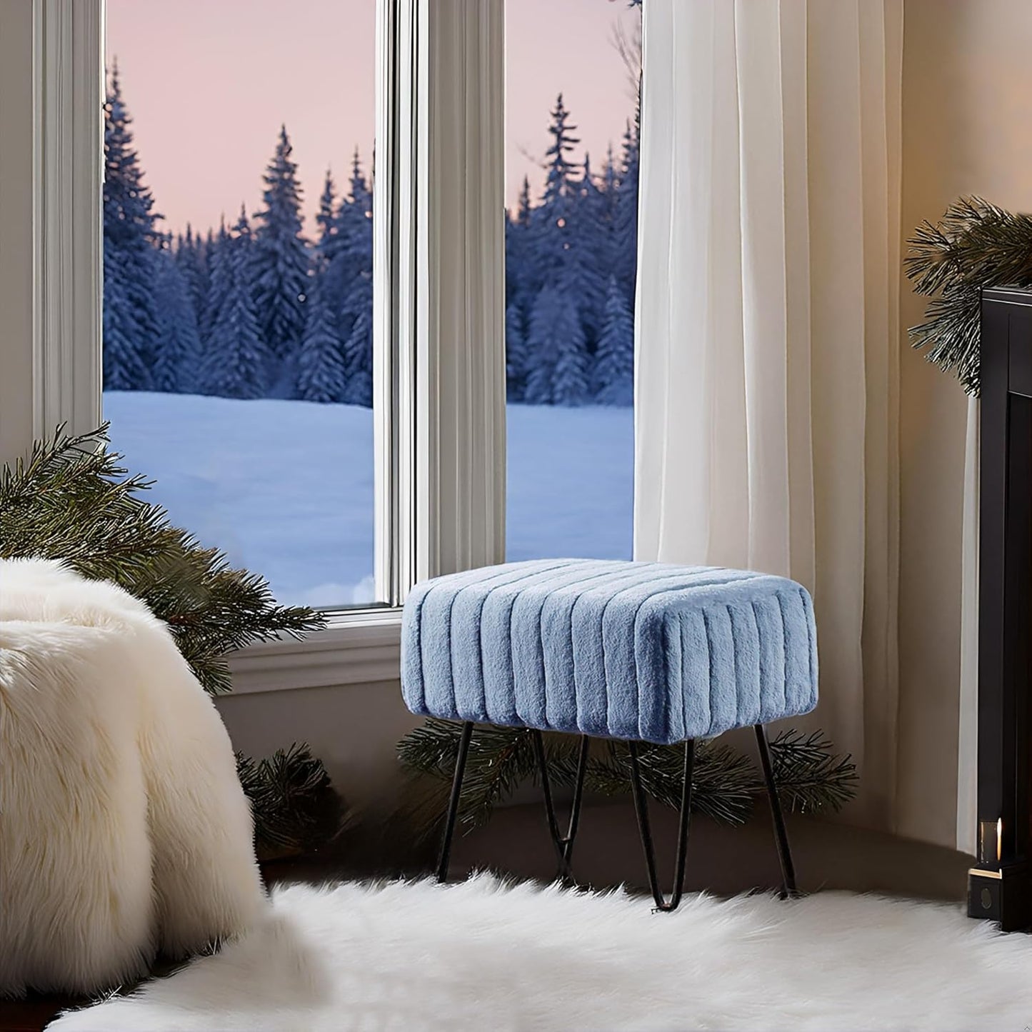 Super Mink Faux Fur Blue Ottoman Bench 19" X 13" X 17", Blue Mirage, Living Room Foot Rest Stool Entryway Makeup Bench End of Bed Bedroom Home Decor Chair for Sitting