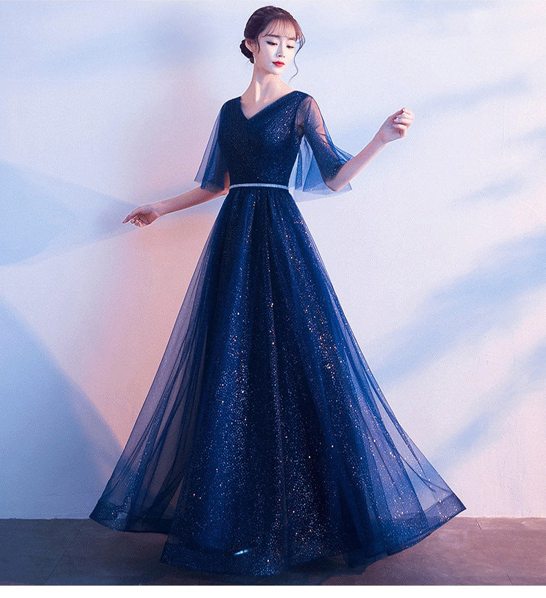 Beauty-Emily Tulle V Neck Ruffle Evening Dresses Long A-line Crystal Formal Dress Party Prom Gowns Lace Up Back Vestido de noche - Prime Warehouse