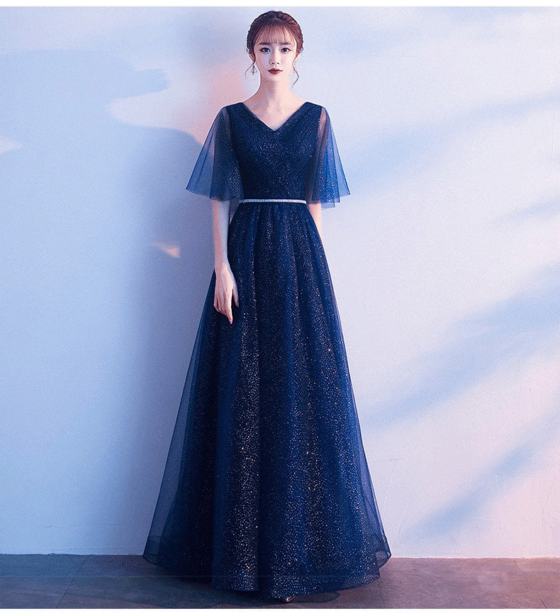 Beauty-Emily Tulle V Neck Ruffle Evening Dresses Long A-line Crystal Formal Dress Party Prom Gowns Lace Up Back Vestido de noche - Prime Warehouse