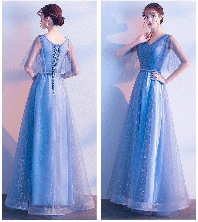 Beauty-Emily Tulle V Neck Ruffle Evening Dresses Long A-line Crystal Formal Dress Party Prom Gowns Lace Up Back Vestido de noche - Prime Warehouse