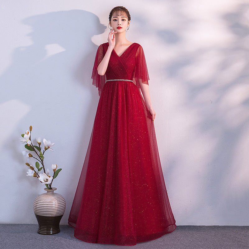 Beauty-Emily Tulle V Neck Ruffle Evening Dresses Long A-line Crystal Formal Dress Party Prom Gowns Lace Up Back Vestido de noche - Prime Warehouse