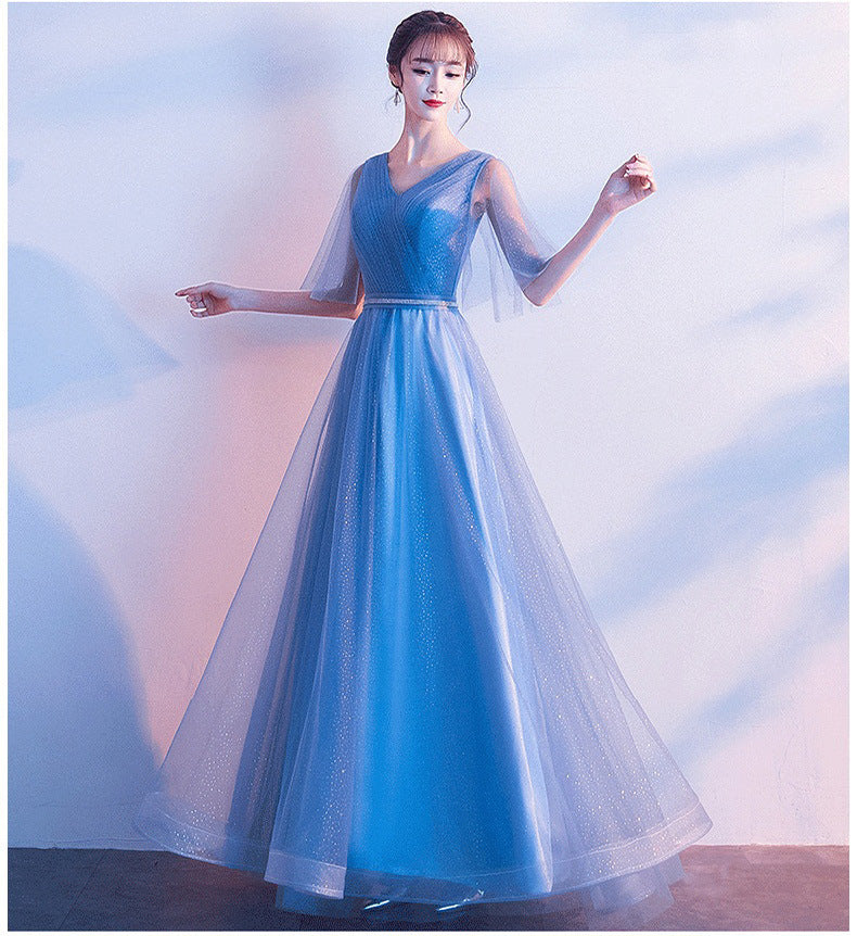 Beauty-Emily Tulle V Neck Ruffle Evening Dresses Long A-line Crystal Formal Dress Party Prom Gowns Lace Up Back Vestido de noche - Prime Warehouse