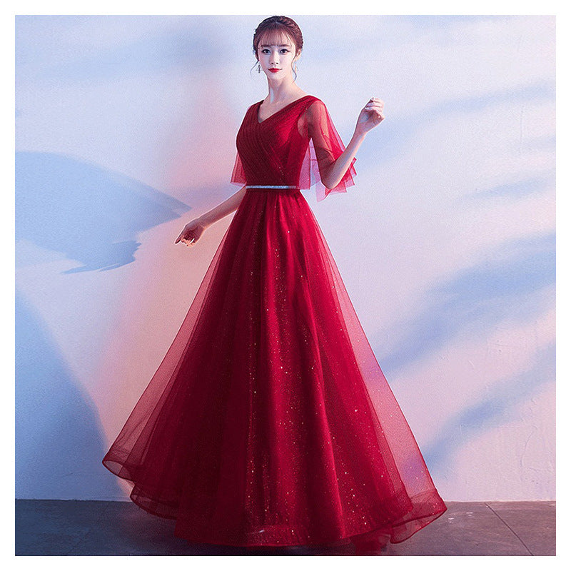 Beauty-Emily Tulle V Neck Ruffle Evening Dresses Long A-line Crystal Formal Dress Party Prom Gowns Lace Up Back Vestido de noche - Prime Warehouse