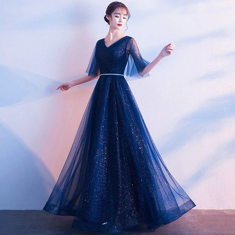 Beauty-Emily Tulle V Neck Ruffle Evening Dresses Long A-line Crystal Formal Dress Party Prom Gowns Lace Up Back Vestido de noche - Prime Warehouse