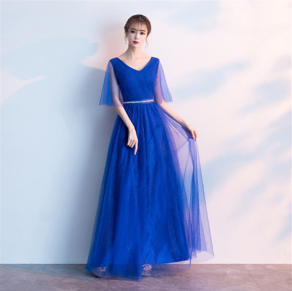 Beauty-Emily Tulle V Neck Ruffle Evening Dresses Long A-line Crystal Formal Dress Party Prom Gowns Lace Up Back Vestido de noche - Prime Warehouse