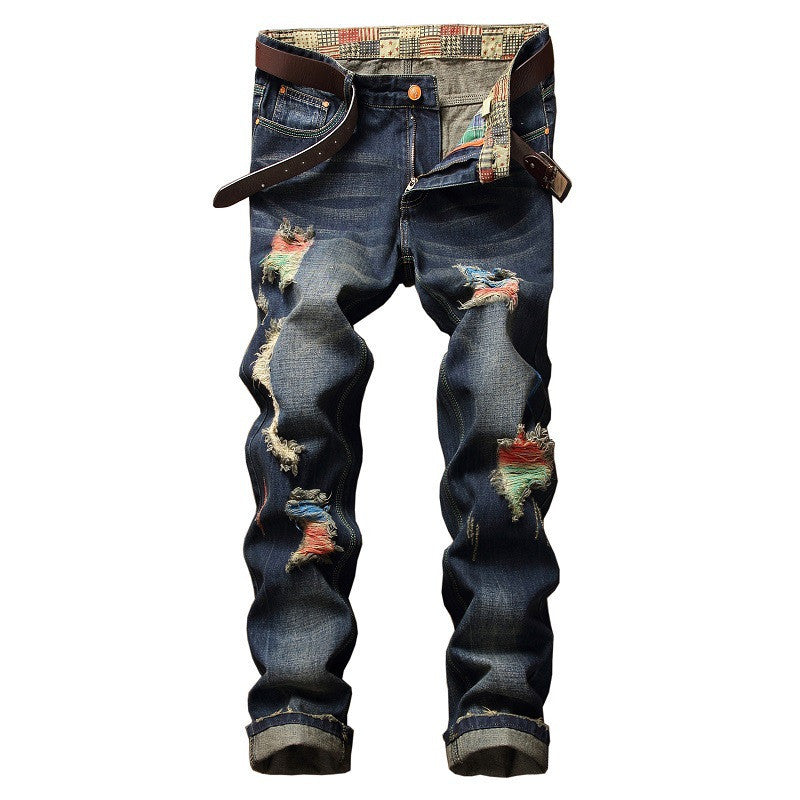 Personalized Brushed Jeans Men's Ripped Straight-leg Jeans - Prime Warehouse