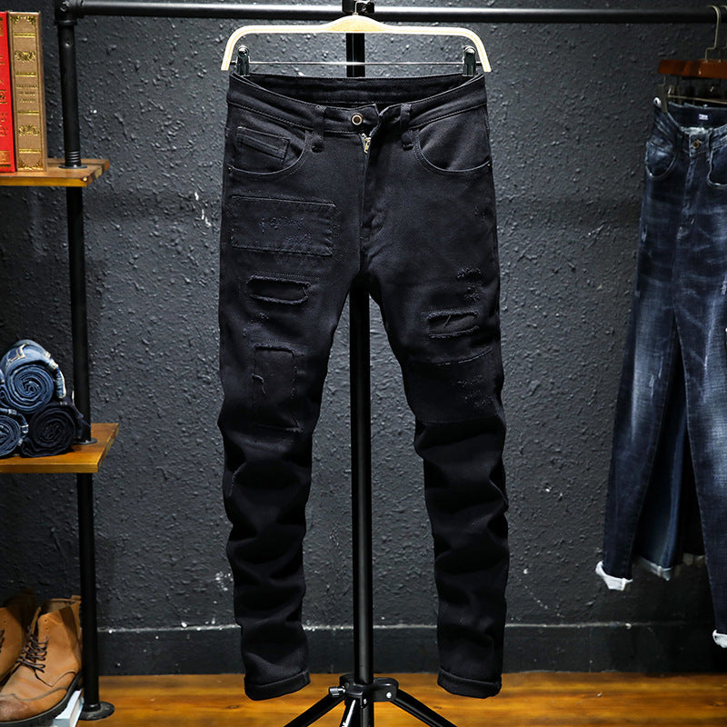Spring And Summer New Jeans Pure Black Ripped Stretch Jeans Men Black Jeans Men - Prime Warehouse