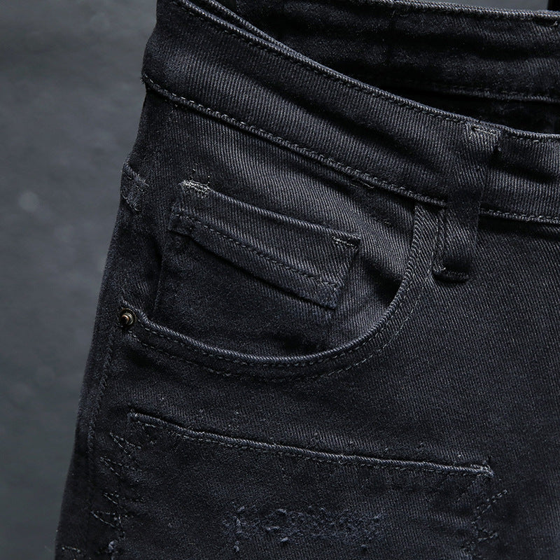 Spring And Summer New Jeans Pure Black Ripped Stretch Jeans Men Black Jeans Men - Prime Warehouse