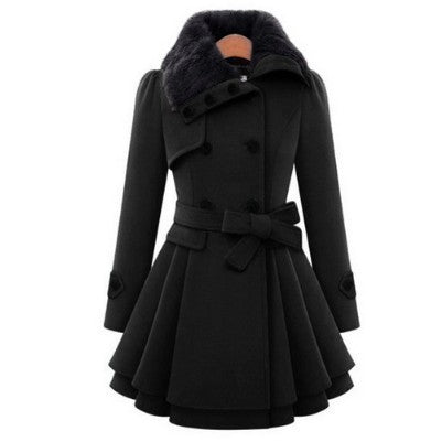 Mid-length Woolen Coat With Belt Thickened Double-breasted Padded Windbreaker Coat for Women