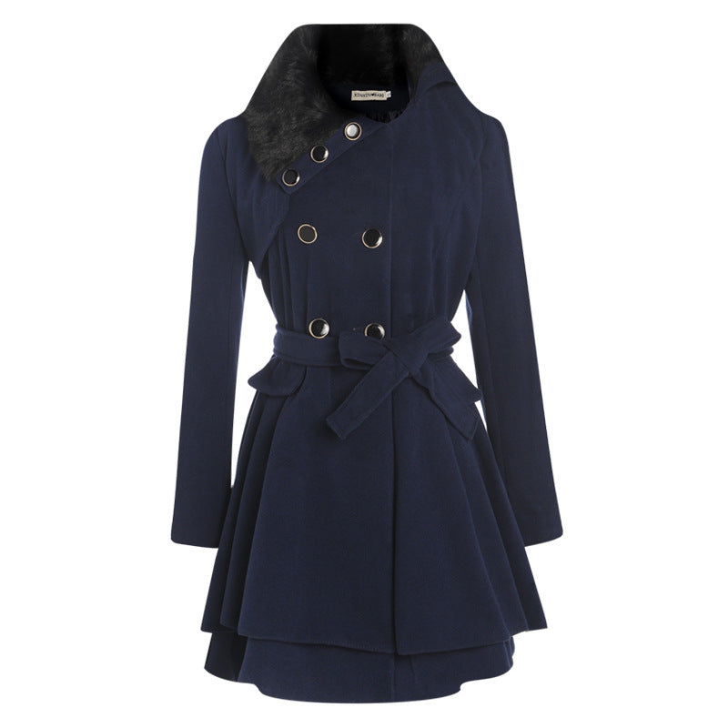 Mid-length Woolen Coat With Belt Thickened Double-breasted Padded Windbreaker Coat for Women