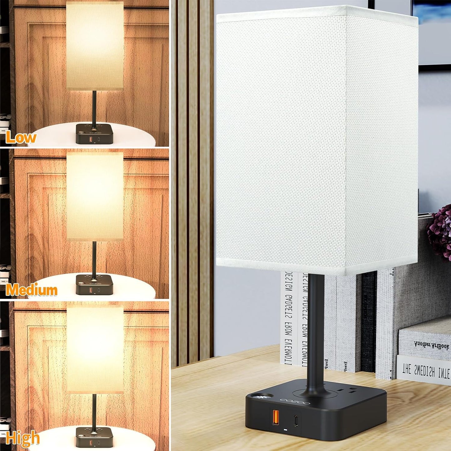Table Lamp Dimmable USB Bedside Table Desk Lamp with 2 USB Charging Port(A+C) 2 Outlet,Nightstand Lamp with Charger Base White Fabric Shade,Led Touch Lamp for Bedroom/Livingroom/Dorm/Home Office