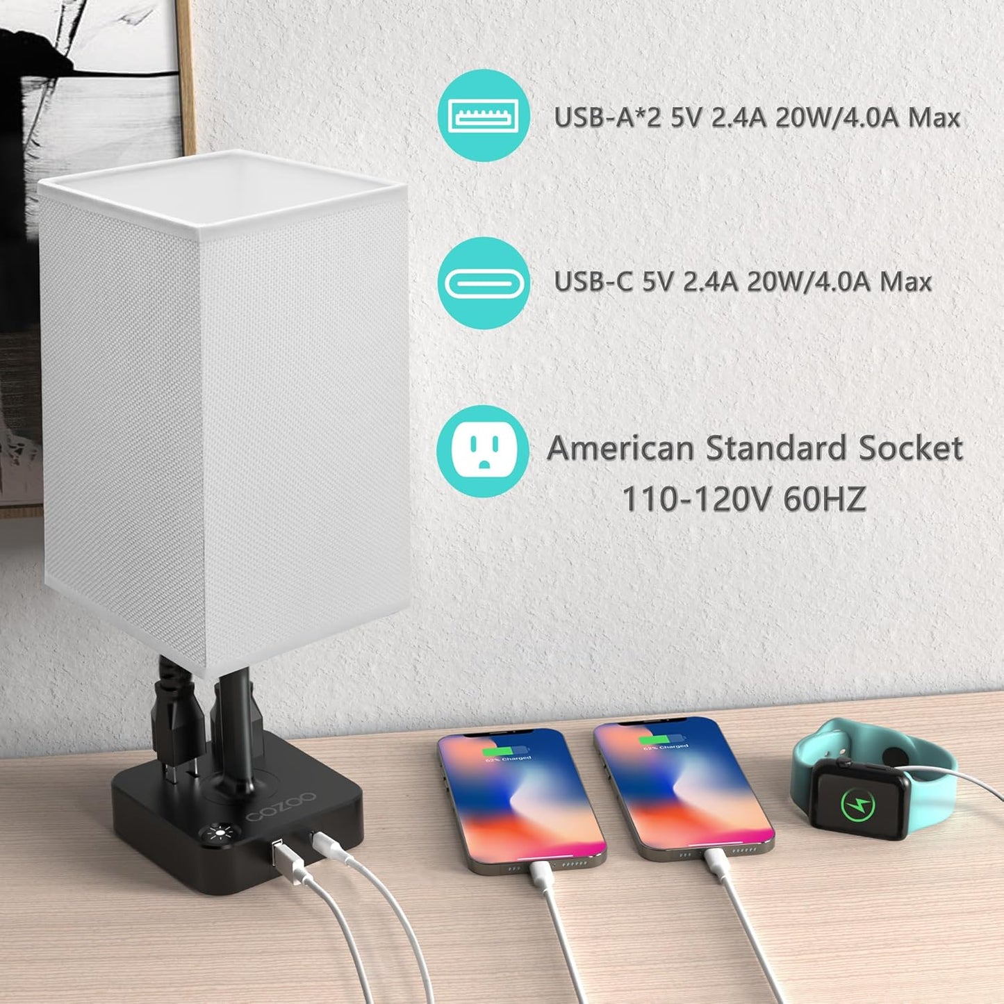 Table Lamp Dimmable USB Bedside Table Desk Lamp with 2 USB Charging Port(A+C) 2 Outlet,Nightstand Lamp with Charger Base White Fabric Shade,Led Touch Lamp for Bedroom/Livingroom/Dorm/Home Office
