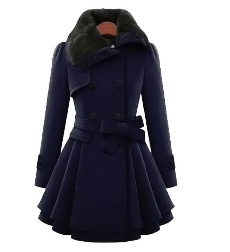 Mid-length Woolen Coat With Belt Thickened Double-breasted Padded Windbreaker Coat for Women