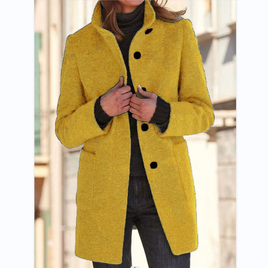Women's Fall and Winter Stand Collar Woolen Coat With Pockets For