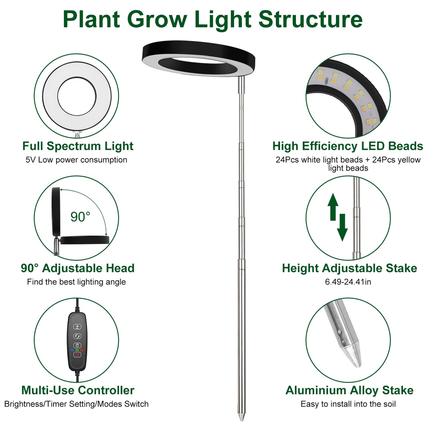 1Pc Plant Grow Light LED Full Spectrum Circle Growing Lamp With 3-9-12Hours Auto Timer Setting Height Adjustable For Indoor Plants