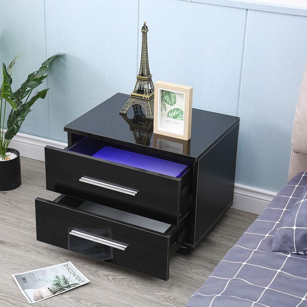 Modern High Gloss LED Lights Nightstand,Bedside End Table with 2 Drawers,End Table Bedroom Storage Bedside, Stand End Bedside Table Organizer (Black)