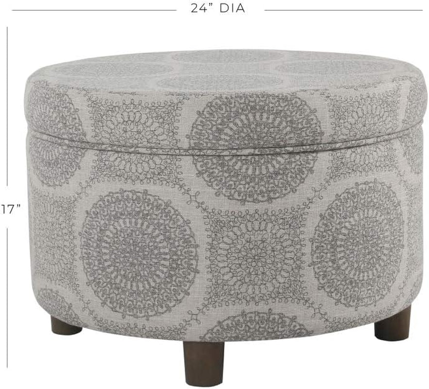 Home Decor | Upholstered round Storage Ottoman | Ottoman with Storage for Living Room & Bedroom (Grey Medallion) 24.0 In. X 24.0 In. X 17.0 In.