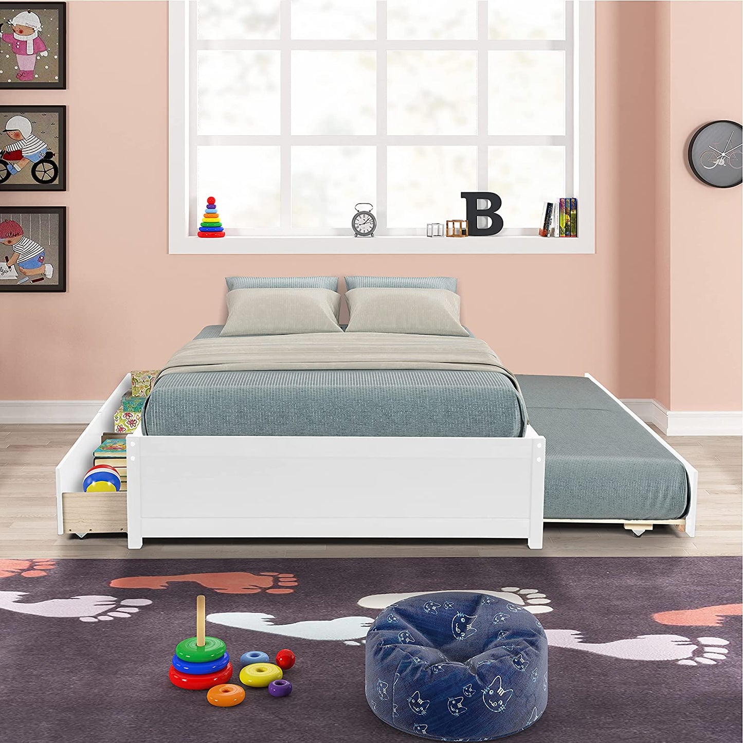Full Bed with Trundle and 2 Drawers, Wood Full Size Platform Bed Frame Space-Saving Full Size Bed for Boys, Girls, Kids, Teens and Adults (Full, White)