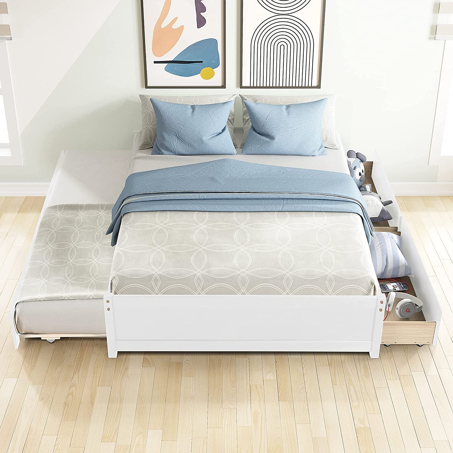 Full Bed with Trundle and 2 Drawers, Wood Full Size Platform Bed Frame Space-Saving Full Size Bed for Boys, Girls, Kids, Teens and Adults (Full, White)