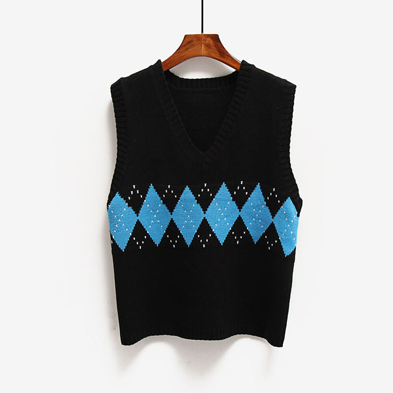 Loose short college style V-neck knitted vest