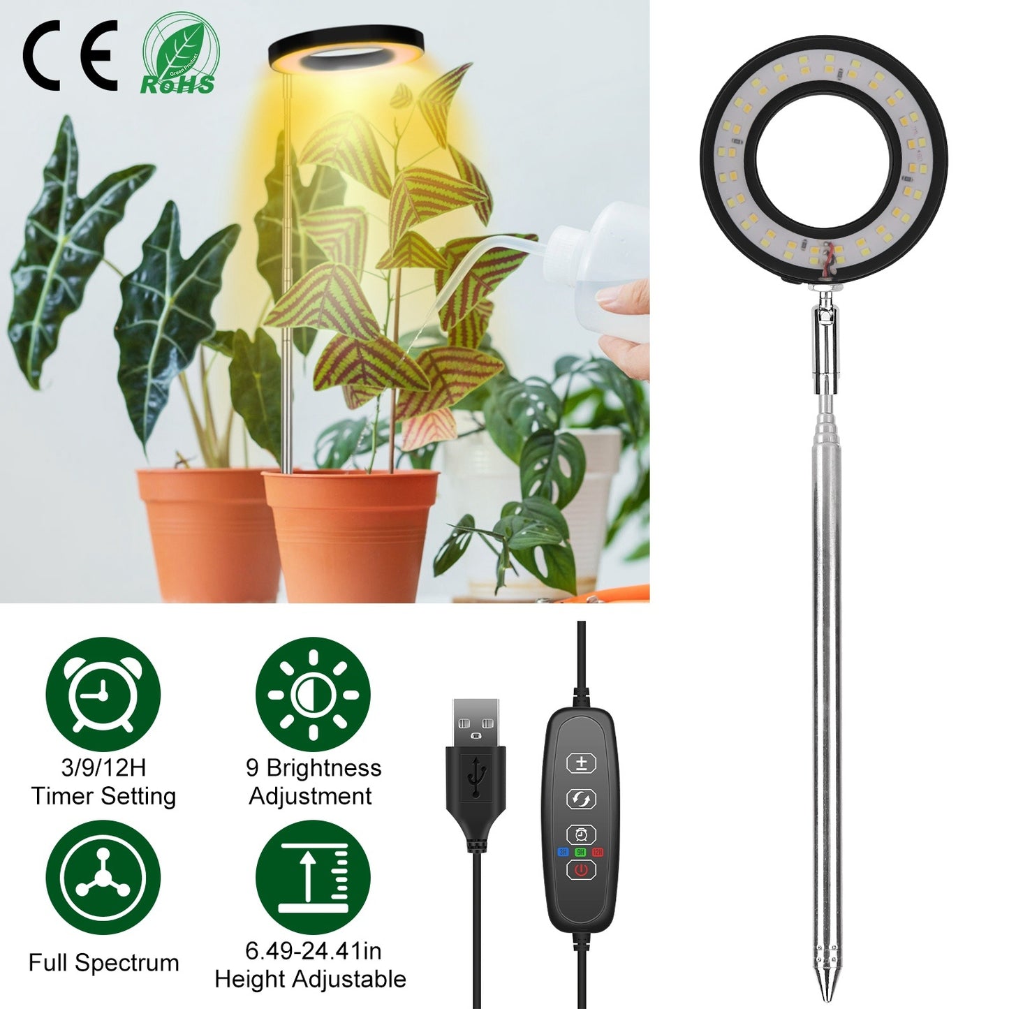 1Pc Plant Grow Light LED Full Spectrum Circle Growing Lamp With 3-9-12Hours Auto Timer Setting Height Adjustable For Indoor Plants