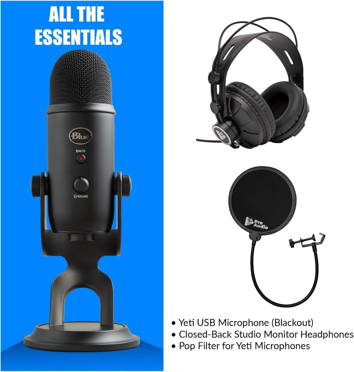 USB Microphone (Blackout) Bundle with Focus Pro Audio Headphones and Pop Filter (3 Items)