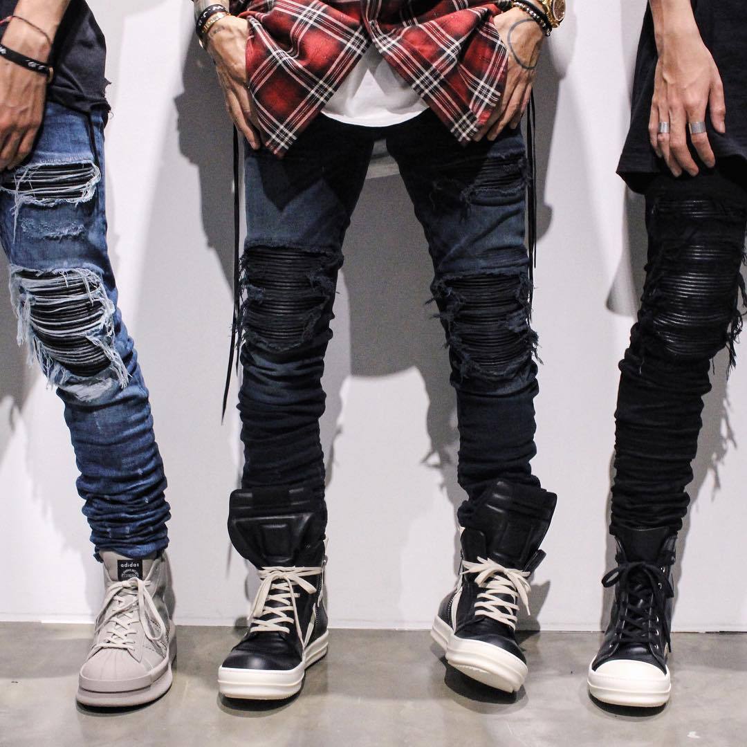 Shredded jeans, slim feet, jeans, motorcycle, men's trousers - Prime Warehouse