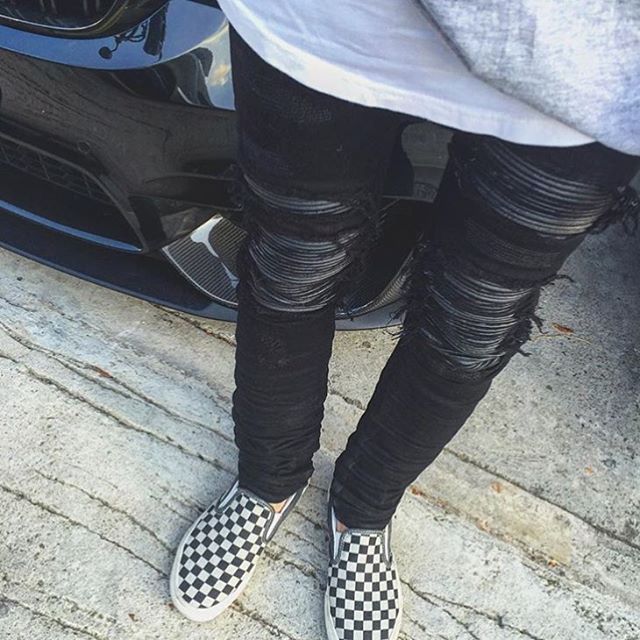 Shredded jeans, slim feet, jeans, motorcycle, men's trousers - Prime Warehouse