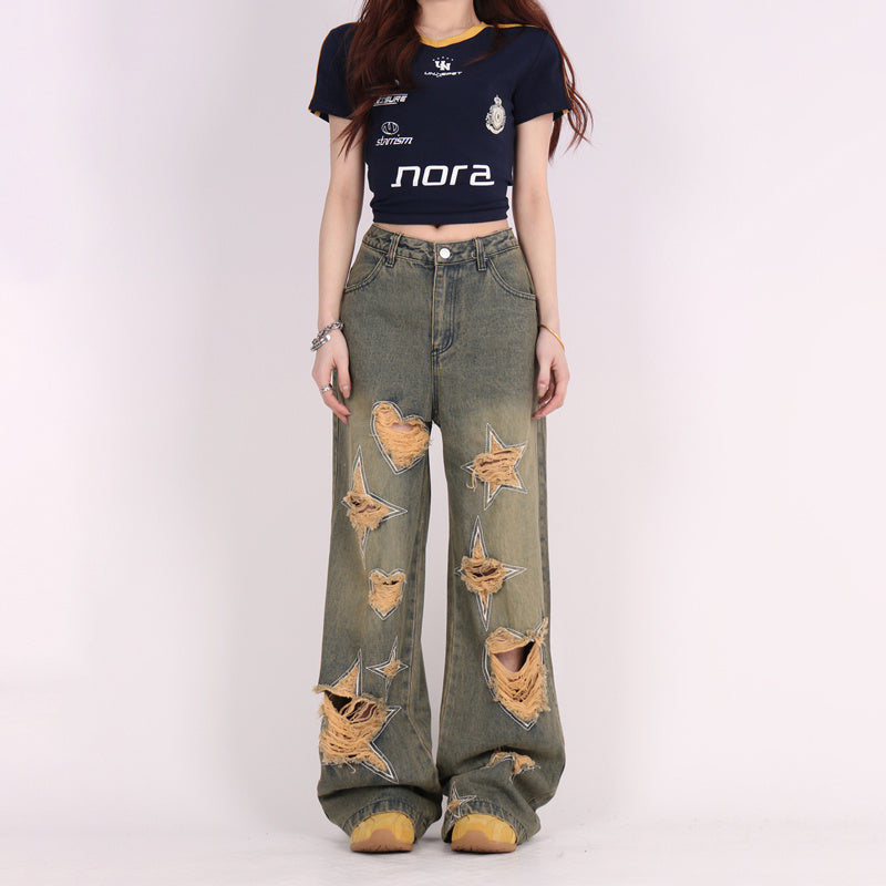 Retro Tattered Jeans Pants Love Wide Leg Jeans - Prime Warehouse