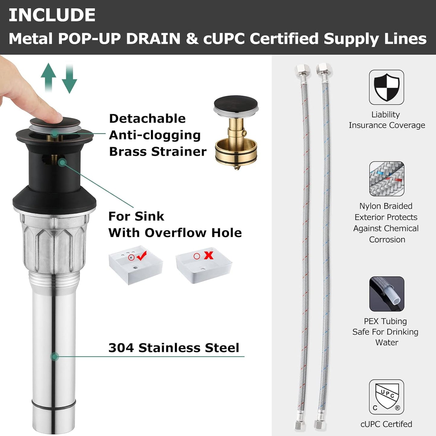 Two-Handle Bathroom Sink Faucet with Metal Drain Assembly and Supply Hose Lead-Free Cupc Mixer Double Handle Tap Deck Mounted Oil Rubbed Bronze, 13597