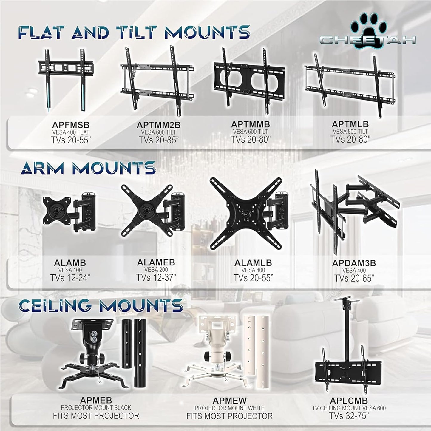 APTMM2B Tilt TV Wall Mount, Fits 32 to 85 Inch Tvs, 165Lbs and VESA 600, Flat/Flush or Tilting, Slim/Thin Low Profile 1.3 In, Wide for up to 24" Studs, Universal Mounting Bracket