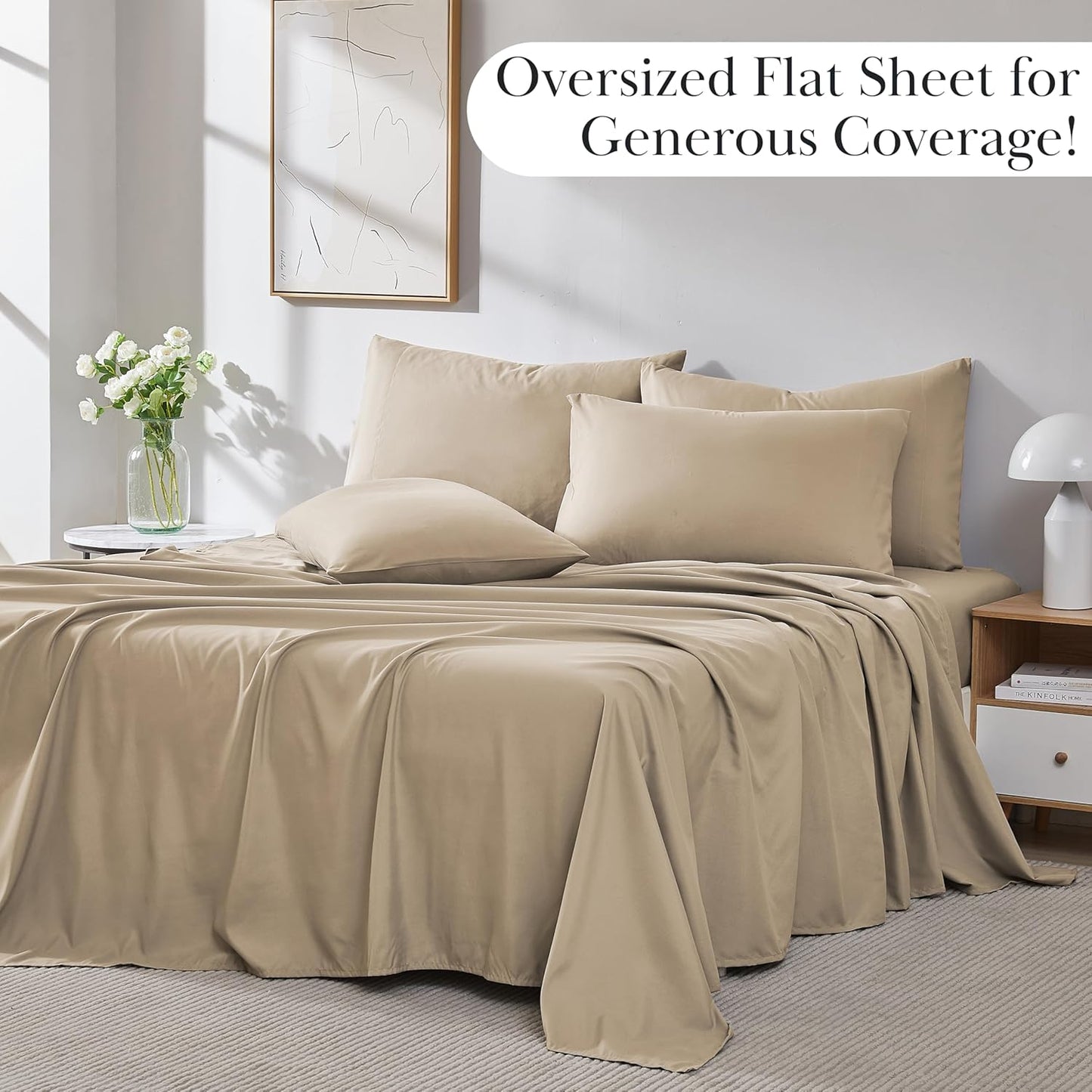 6-Piece Microfiber Bed Sheets Queen Size Set, 21-Inch Extra Deep Pocket Fitted Sheet Queen, Oversized Flat Sheet, Taupe Pillow Cases Set of 4, Taupe Sheets