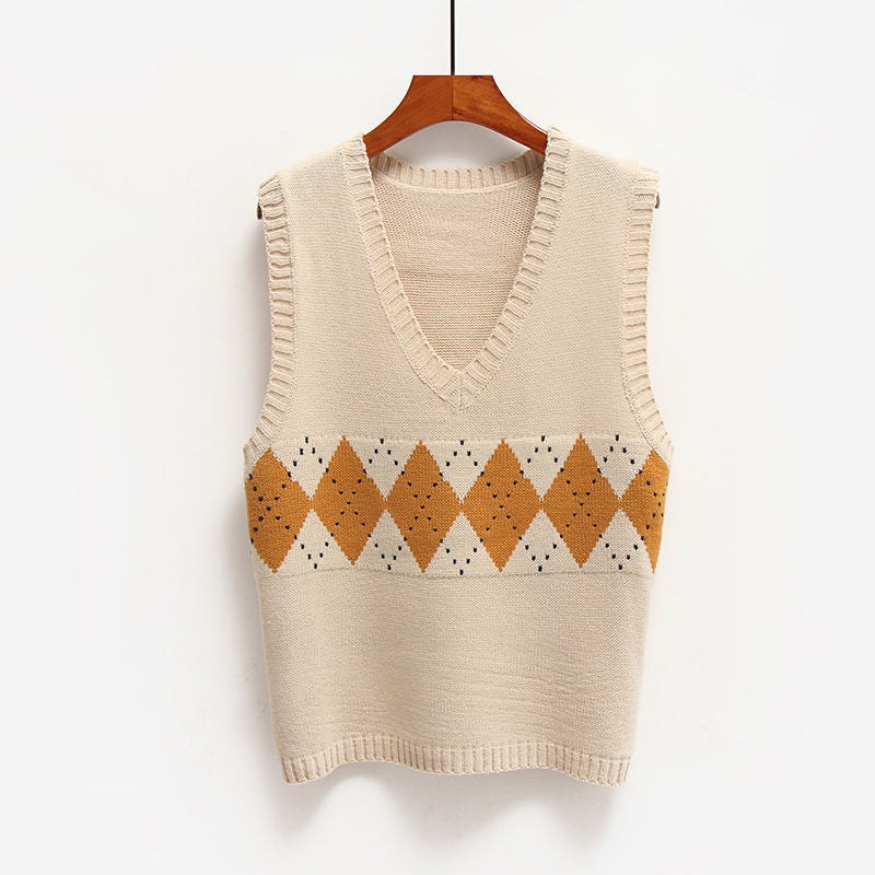 Loose short college style V-neck knitted vest