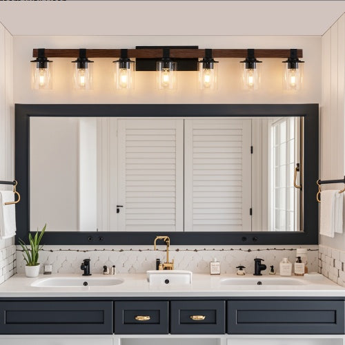50 Rustic 7-Light Vanity Light, Industrial Bathroom Wall Sconce With Glass Shades And Wood Accent, Modern Farmhouse Lighting Fixture No Bulbs