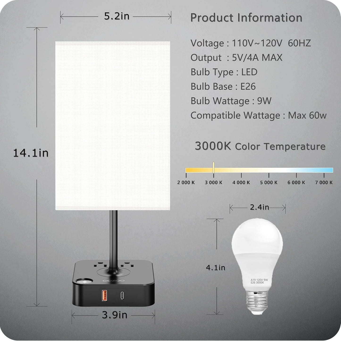 Table Lamp Dimmable USB Bedside Table Desk Lamp with 2 USB Charging Port(A+C) 2 Outlet,Nightstand Lamp with Charger Base White Fabric Shade,Led Touch Lamp for Bedroom/Livingroom/Dorm/Home Office