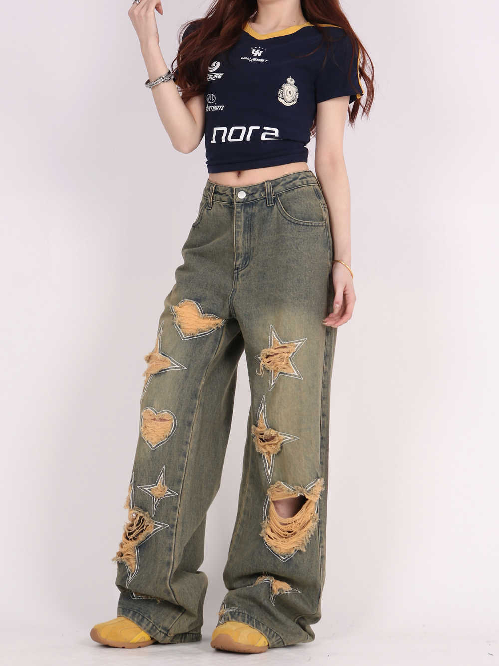 Retro Tattered Jeans Pants Love Wide Leg Jeans - Prime Warehouse