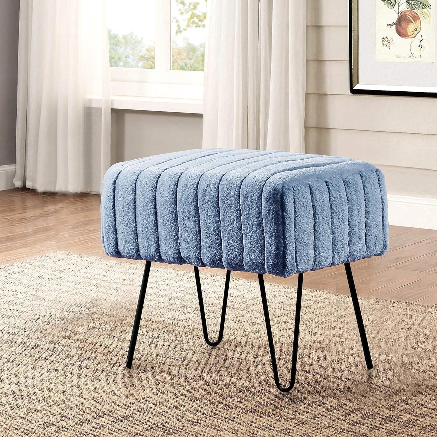 Super Mink Faux Fur Blue Ottoman Bench 19" X 13" X 17", Blue Mirage, Living Room Foot Rest Stool Entryway Makeup Bench End of Bed Bedroom Home Decor Chair for Sitting
