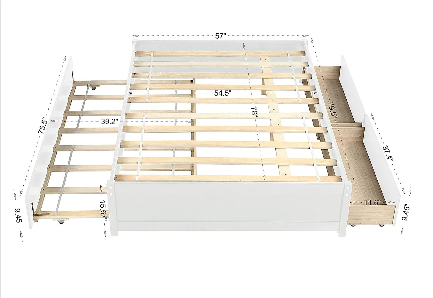 Full Bed with Trundle and 2 Drawers, Wood Full Size Platform Bed Frame Space-Saving Full Size Bed for Boys, Girls, Kids, Teens and Adults (Full, White)