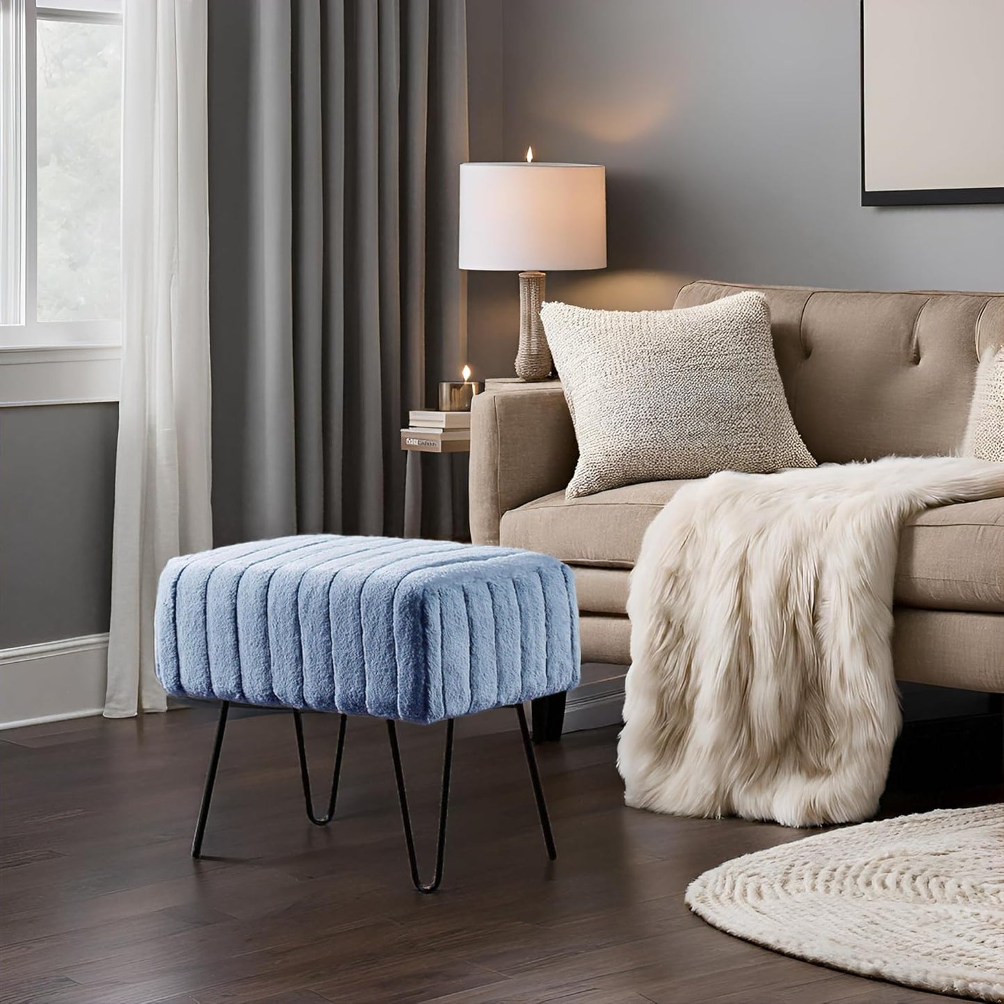 Super Mink Faux Fur Blue Ottoman Bench 19" X 13" X 17", Blue Mirage, Living Room Foot Rest Stool Entryway Makeup Bench End of Bed Bedroom Home Decor Chair for Sitting