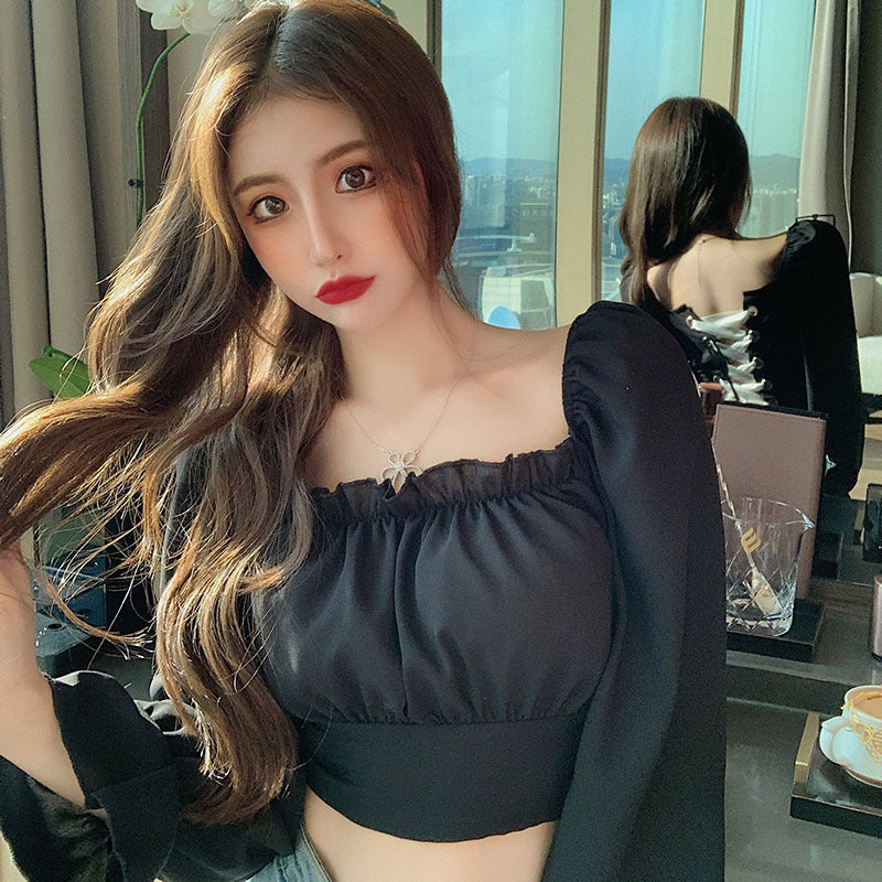Short Crop Long Sleeve Shoulder Clothes Tied Shirt Women - Prime Warehouse