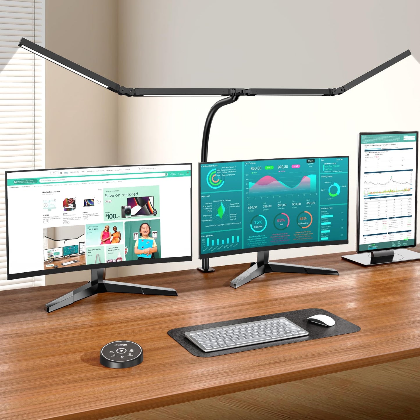 Led Desk Lamp for Office Home - Eye Caring Architect lamp with Clamp,Dual Screen Computer Monitor Gooseneck Smart Light: 24W 5 Color Flexible Adjustable Lighting Table Lamp for Study Drafting