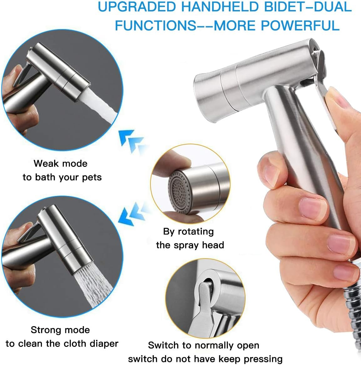 Handheld Bidet Sprayer for Toilet, Dual Mode Spray Head (Jet/Soft) Baby Cloth Diaper Sprayer Bidet for Toilet Stainless Steel Bathroom Hand Held Muslim Shattaf Kit Brass T-Adaptor 47 Inch Hose