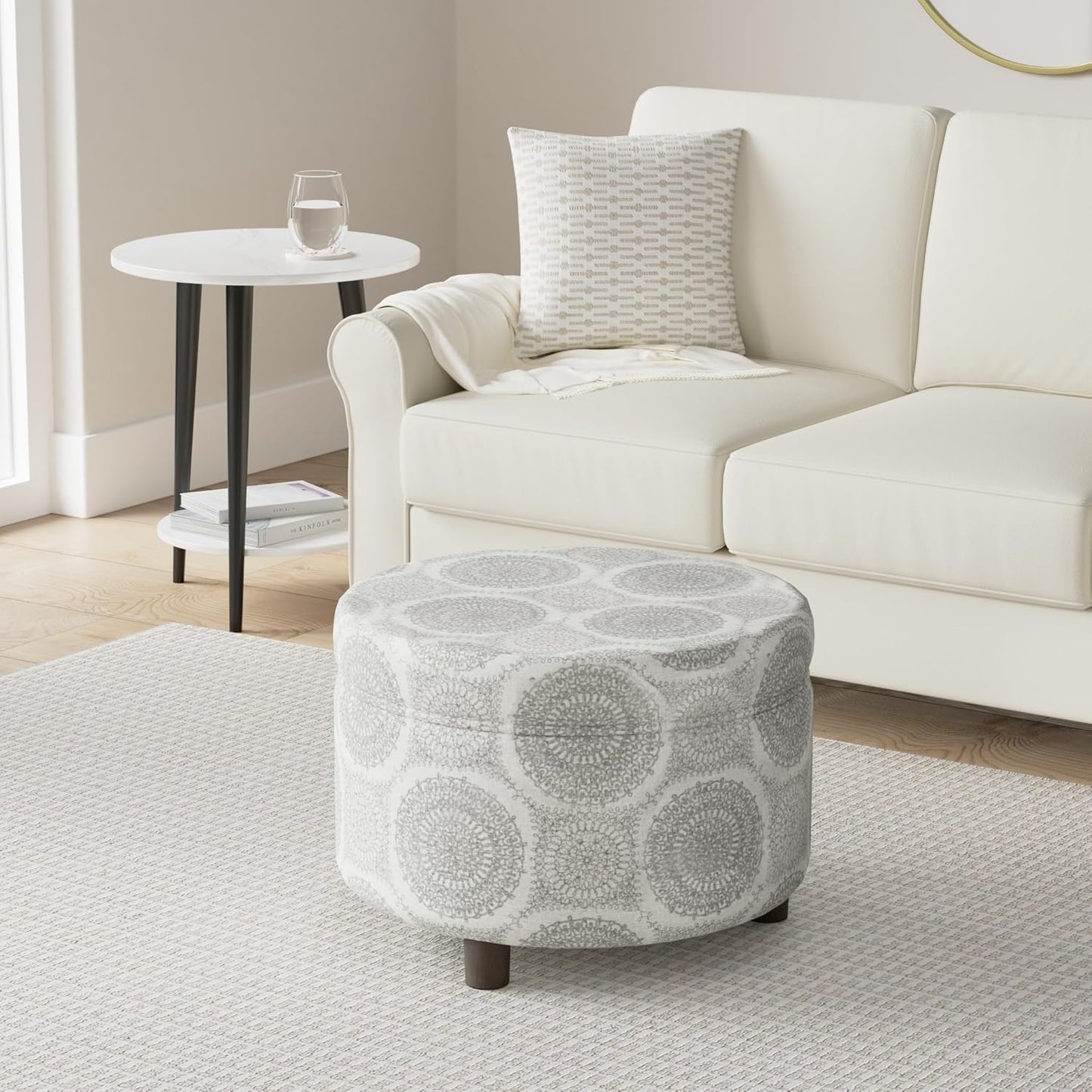 Home Decor | Upholstered round Storage Ottoman | Ottoman with Storage for Living Room & Bedroom (Grey Medallion) 24.0 In. X 24.0 In. X 17.0 In.