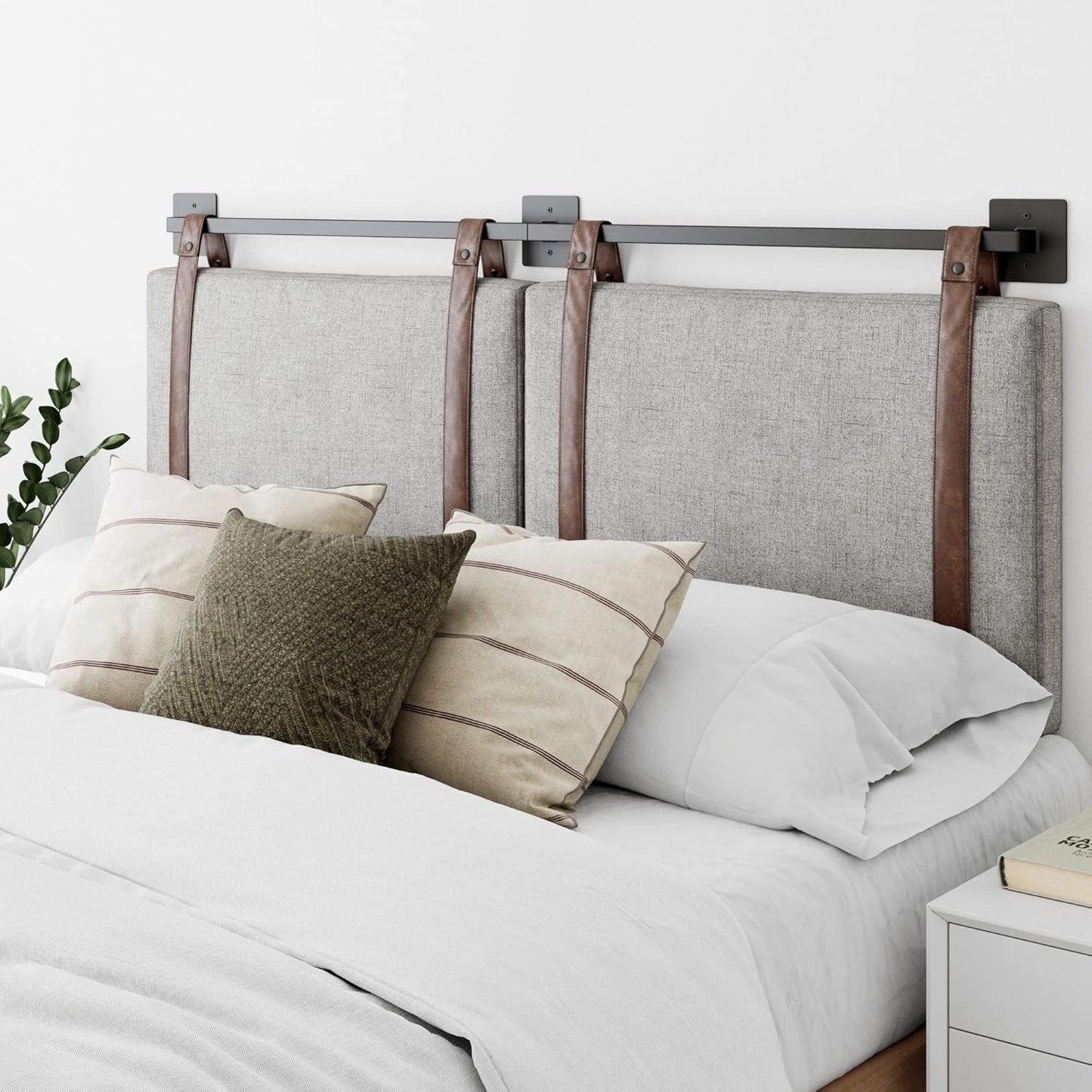 Harlow Modern Wall Mount Hanging Headboard, King, Gray with Brown Faux Leather Straps