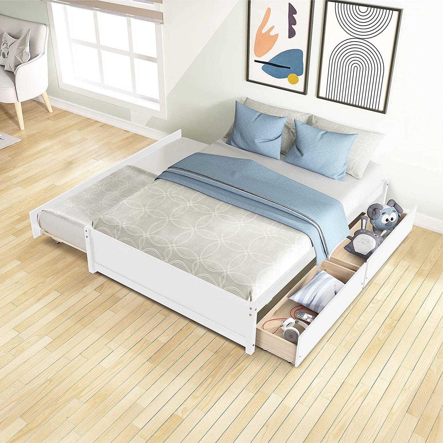 Full Bed with Trundle and 2 Drawers, Wood Full Size Platform Bed Frame Space-Saving Full Size Bed for Boys, Girls, Kids, Teens and Adults (Full, White)