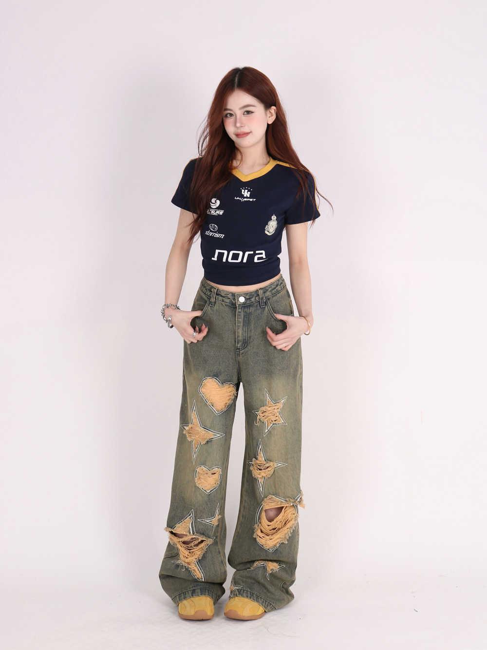 Retro Tattered Jeans Pants Love Wide Leg Jeans - Prime Warehouse