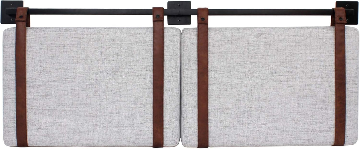 Harlow Modern Wall Mount Hanging Headboard, King, Gray with Brown Faux Leather Straps