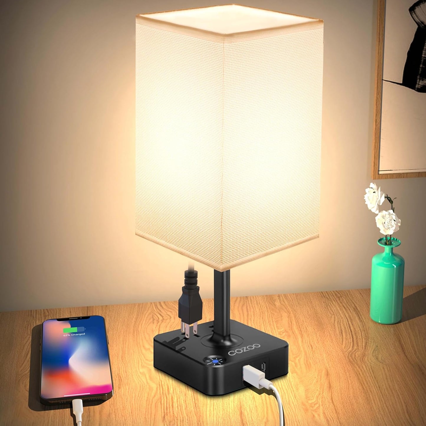 Table Lamp Dimmable USB Bedside Table Desk Lamp with 2 USB Charging Port(A+C) 2 Outlet,Nightstand Lamp with Charger Base White Fabric Shade,Led Touch Lamp for Bedroom/Livingroom/Dorm/Home Office